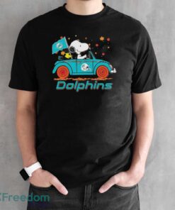 Official Peanuts Snoopy And Woodstock On Car Miami Dolphins Go Fins Shirt - Black Unisex T-Shirt