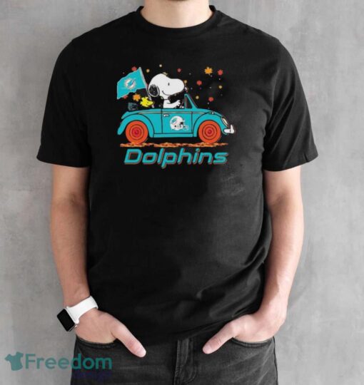 Official Peanuts Snoopy And Woodstock On Car Miami Dolphins Go Fins Shirt - Black Unisex T-Shirt