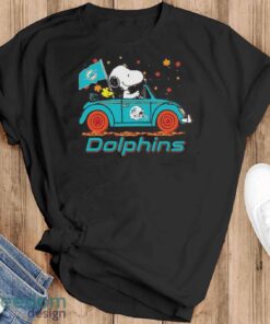 Official Peanuts Snoopy And Woodstock On Car Miami Dolphins Go Fins Shirt - Black T-Shirt