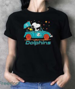 Official Peanuts Snoopy And Woodstock On Car Miami Dolphins Go Fins Shirt - Ladies T-Shirt