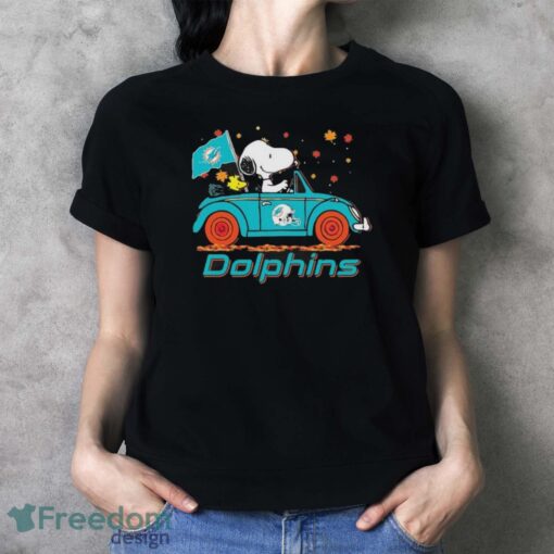 Official Peanuts Snoopy And Woodstock On Car Miami Dolphins Go Fins Shirt - Ladies T-Shirt