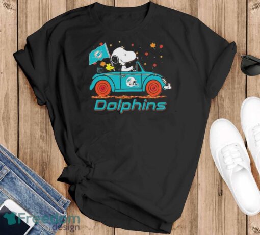 Official Peanuts Snoopy And Woodstock On Car Miami Dolphins Go Fins Shirt - Black T-Shirt