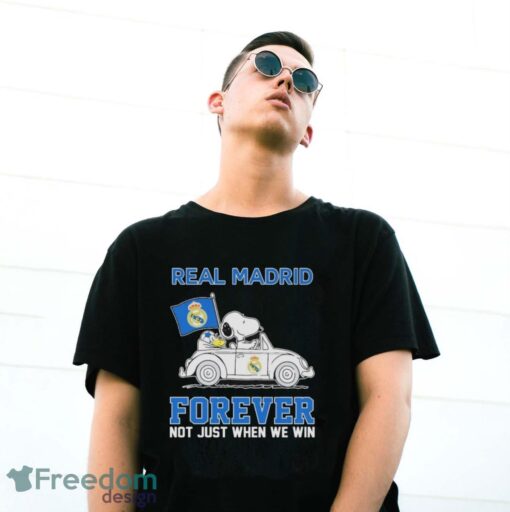 Official Peanuts Snoopy And Woodstock Real Madrid On Car Forever Not Just When We Win Shirt - G500 Gildan T-Shirt