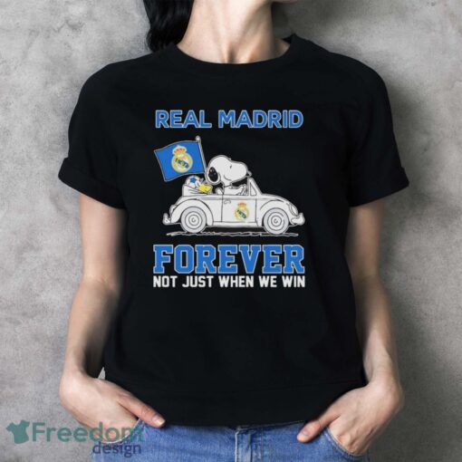 Official Peanuts Snoopy And Woodstock Real Madrid On Car Forever Not Just When We Win Shirt - Ladies T-Shirt