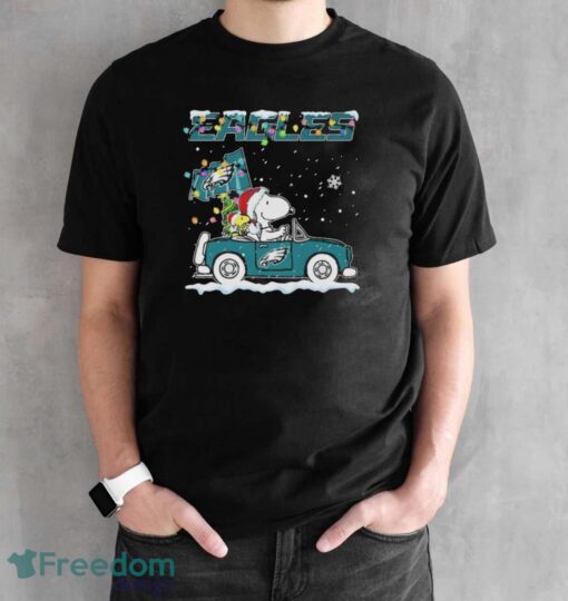 Official Philadelphia Eagles Christmas X Peanuts Snoopy And Woodstock On Car Shirt - Black Unisex T-Shirt