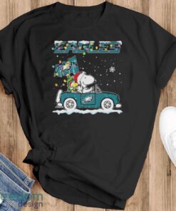 Official Philadelphia Eagles Christmas X Peanuts Snoopy And Woodstock On Car Shirt - Black T-Shirt