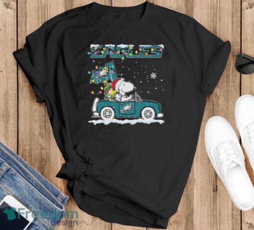 Official Philadelphia Eagles Christmas X Peanuts Snoopy And Woodstock On Car Shirt - Black T-Shirt