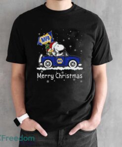 Official santa Snoopy And Woodstock Driving Car Napa Merry Christmas Shirt - Black Unisex T-Shirt