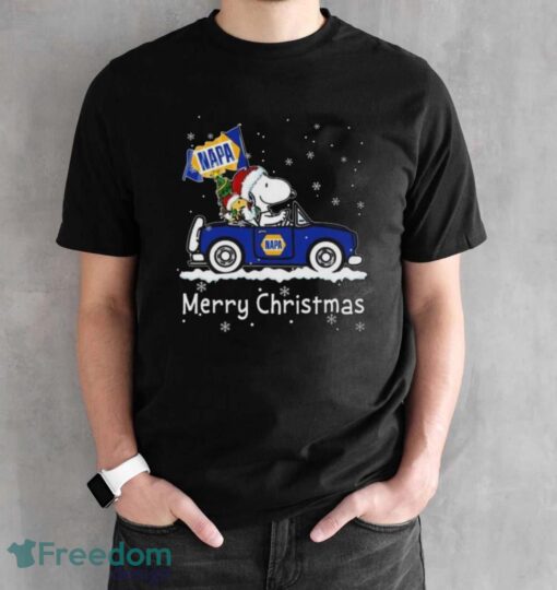 Official santa Snoopy And Woodstock Driving Car Napa Merry Christmas Shirt - Black Unisex T-Shirt