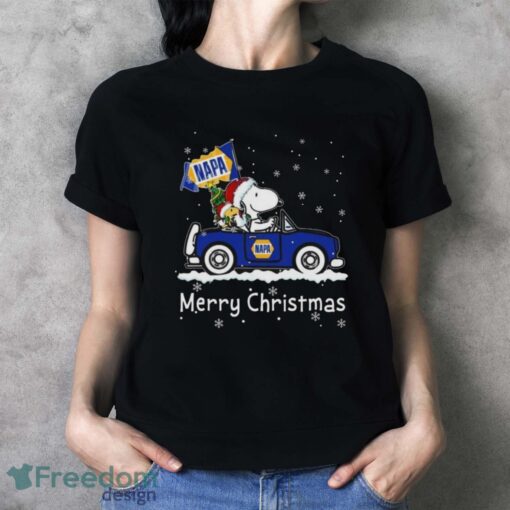 Official santa Snoopy And Woodstock Driving Car Napa Merry Christmas Shirt - Ladies T-Shirt