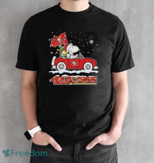 Official The Peanuts Snoopy And Woodstock Drive Car San Francisco 49ers Christmas Shirt - Black Unisex T-Shirt