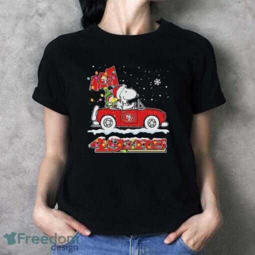 Official The Peanuts Snoopy And Woodstock Drive Car San Francisco 49ers Christmas Shirt - Ladies T-Shirt