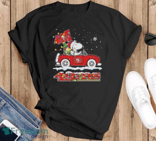 Official The Peanuts Snoopy And Woodstock Drive Car San Francisco 49ers Christmas Shirt - Black T-Shirt