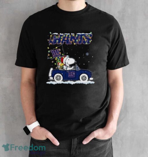 Peanuts Santa Snoopy And Woodstock New York Giants On Car Christmas Shirt - Black Unisex T-Shirt