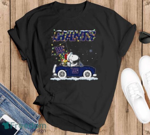 Peanuts Santa Snoopy And Woodstock New York Giants On Car Christmas Shirt - Black T-Shirt