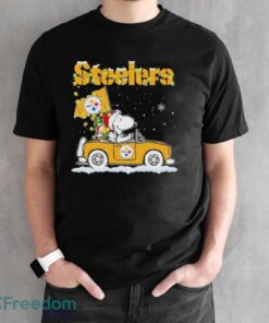 Peanuts Santa Snoopy And Woodstock Pittsburgh Steelers On Car Christmas Shirt - Black Unisex T-Shirt