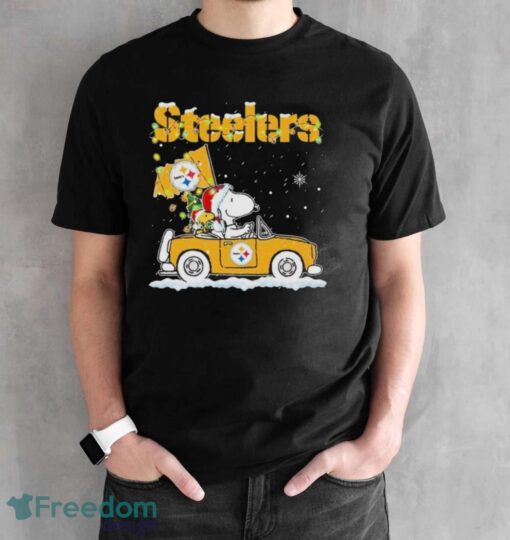 Peanuts Santa Snoopy And Woodstock Pittsburgh Steelers On Car Christmas Shirt - Black Unisex T-Shirt