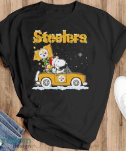 Peanuts Santa Snoopy And Woodstock Pittsburgh Steelers On Car Christmas Shirt - Black T-Shirt