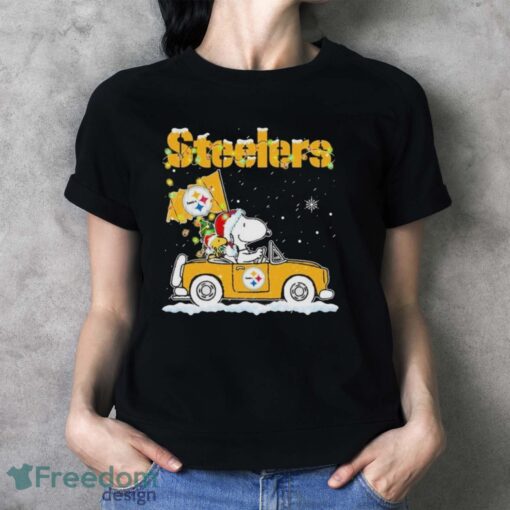 Peanuts Santa Snoopy And Woodstock Pittsburgh Steelers On Car Christmas Shirt - Ladies T-Shirt