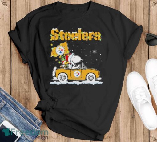 Peanuts Santa Snoopy And Woodstock Pittsburgh Steelers On Car Christmas Shirt - Black T-Shirt