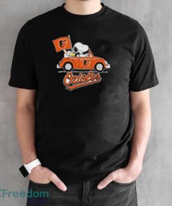 Peanuts Snoopy And Woodstock Baltimore Orioles On Car Shirt - Black Unisex T-Shirt