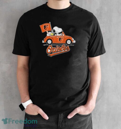 Peanuts Snoopy And Woodstock Baltimore Orioles On Car Shirt - Black Unisex T-Shirt