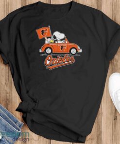 Peanuts Snoopy And Woodstock Baltimore Orioles On Car Shirt - Black T-Shirt