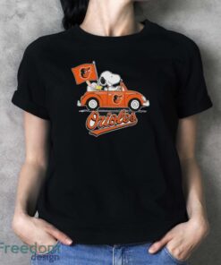 Peanuts Snoopy And Woodstock Baltimore Orioles On Car Shirt - Ladies T-Shirt