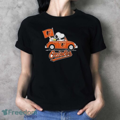 Peanuts Snoopy And Woodstock Baltimore Orioles On Car Shirt - Ladies T-Shirt