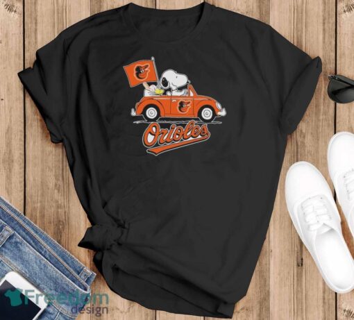 Peanuts Snoopy And Woodstock Baltimore Orioles On Car Shirt - Black T-Shirt