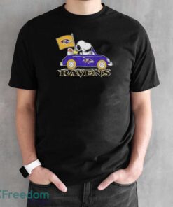 Peanuts Snoopy And Woodstock Baltimore Ravens On Car Shirt - Black Unisex T-Shirt