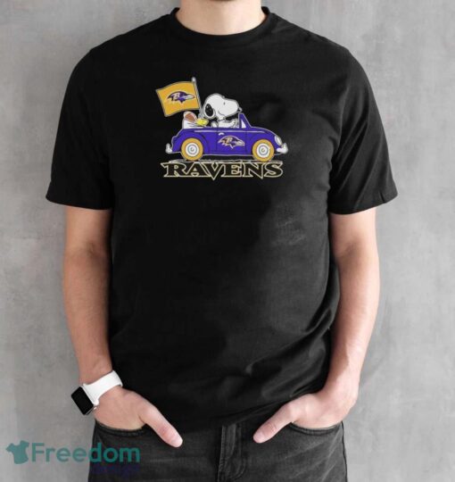 Peanuts Snoopy And Woodstock Baltimore Ravens On Car Shirt - Black Unisex T-Shirt