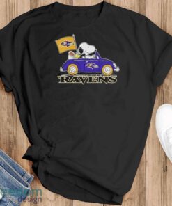 Peanuts Snoopy And Woodstock Baltimore Ravens On Car Shirt - Black T-Shirt