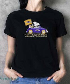 Peanuts Snoopy And Woodstock Baltimore Ravens On Car Shirt - Ladies T-Shirt