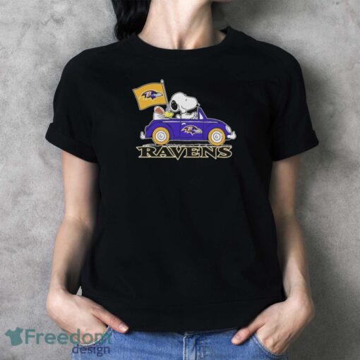 Peanuts Snoopy And Woodstock Baltimore Ravens On Car Shirt - Ladies T-Shirt