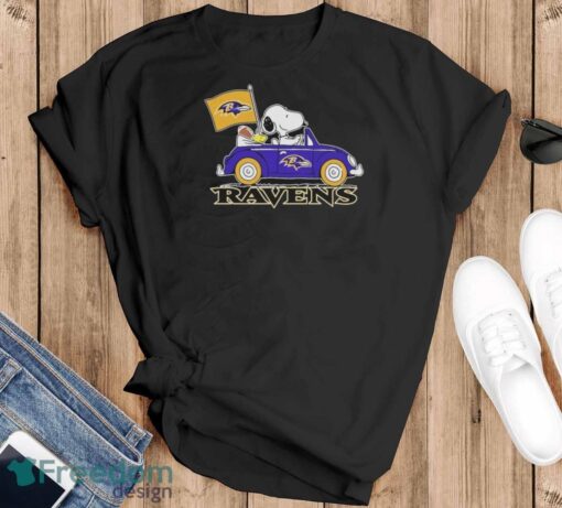 Peanuts Snoopy And Woodstock Baltimore Ravens On Car Shirt - Black T-Shirt