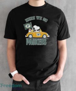 Peanuts Snoopy And Woodstock Here We Go Green Bay Packers Shirt - Black Unisex T-Shirt