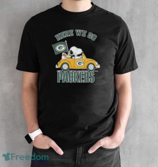 Peanuts Snoopy And Woodstock Here We Go Green Bay Packers Shirt - Black Unisex T-Shirt