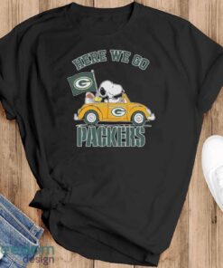 Peanuts Snoopy And Woodstock Here We Go Green Bay Packers Shirt - Black T-Shirt