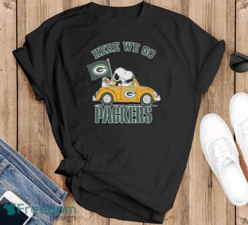 Peanuts Snoopy And Woodstock Here We Go Green Bay Packers Shirt - Black T-Shirt