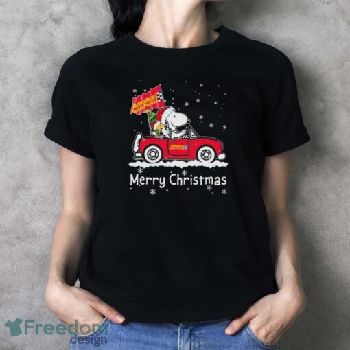 Peanuts Snoopy And Woodstock On Car Advance Auto Parts Merry Christmas Shirt - Ladies T-Shirt