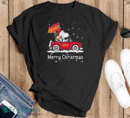 Peanuts Snoopy And Woodstock On Car Advance Auto Parts Merry Christmas Shirt - Black T-Shirt