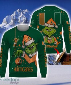 Personalized Name NCAA Miami Hurricanes Football Fans Sweater Grinch Ugly Sweater Christmas Funny Gift