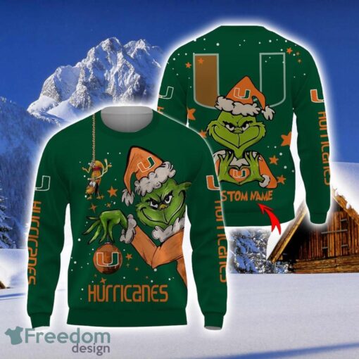 Personalized Name NCAA Miami Hurricanes Football Fans Sweater Grinch Ugly Sweater Christmas Funny Gift Product Photo 1