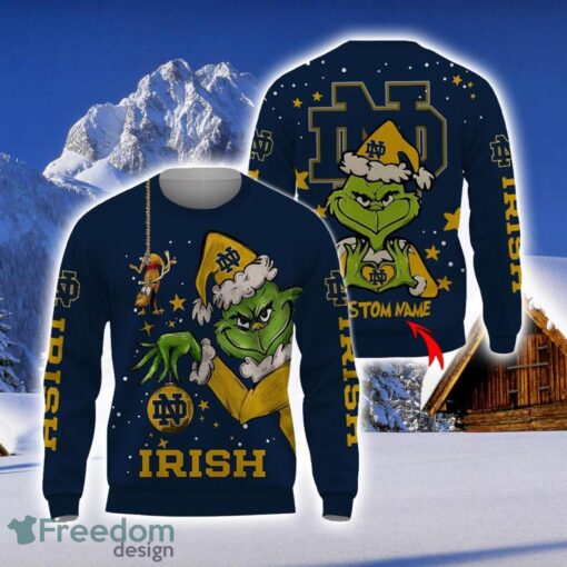 Personalized Name NCAA Notre Dame Fighting Irish Football Fans Sweater Grinch Ugly Sweater Christmas Funny Gift Product Photo 1