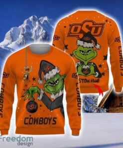 Personalized Name NCAA Oklahoma State Cowboys Football Fans Sweater Grinch Ugly Sweater Christmas Funny Gift