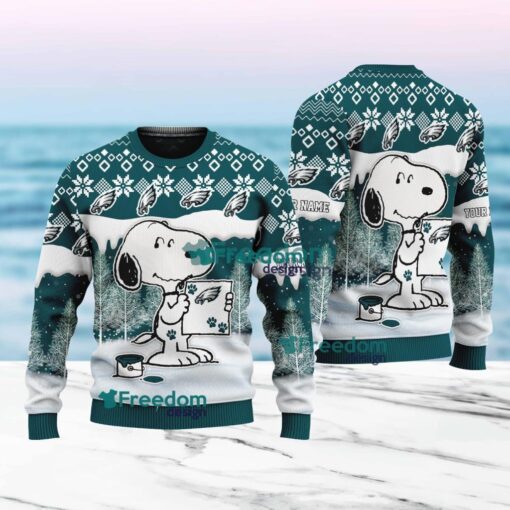 Philadelphia Eagles Nfl Snoopy Pine Tree Christmas Ugly Sweater Custom Name Product Photo 1