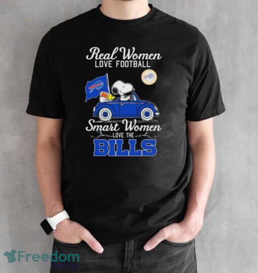 Real Women Love Football Smart Women Love The Peanuts Snoopy And Woodstock Buffalo Bills On Car Shirt Product Photo 2