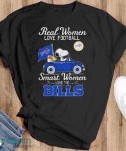 Real Women Love Football Smart Women Love The Peanuts Snoopy And Woodstock Buffalo Bills On Car Shirt