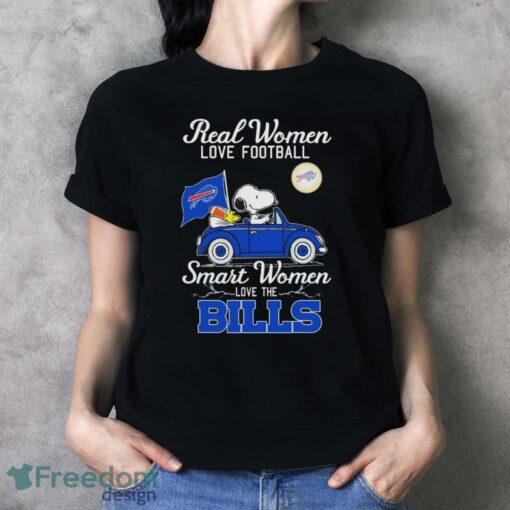 Real Women Love Football Smart Women Love The Peanuts Snoopy And Woodstock Buffalo Bills On Car Shirt Product Photo 4